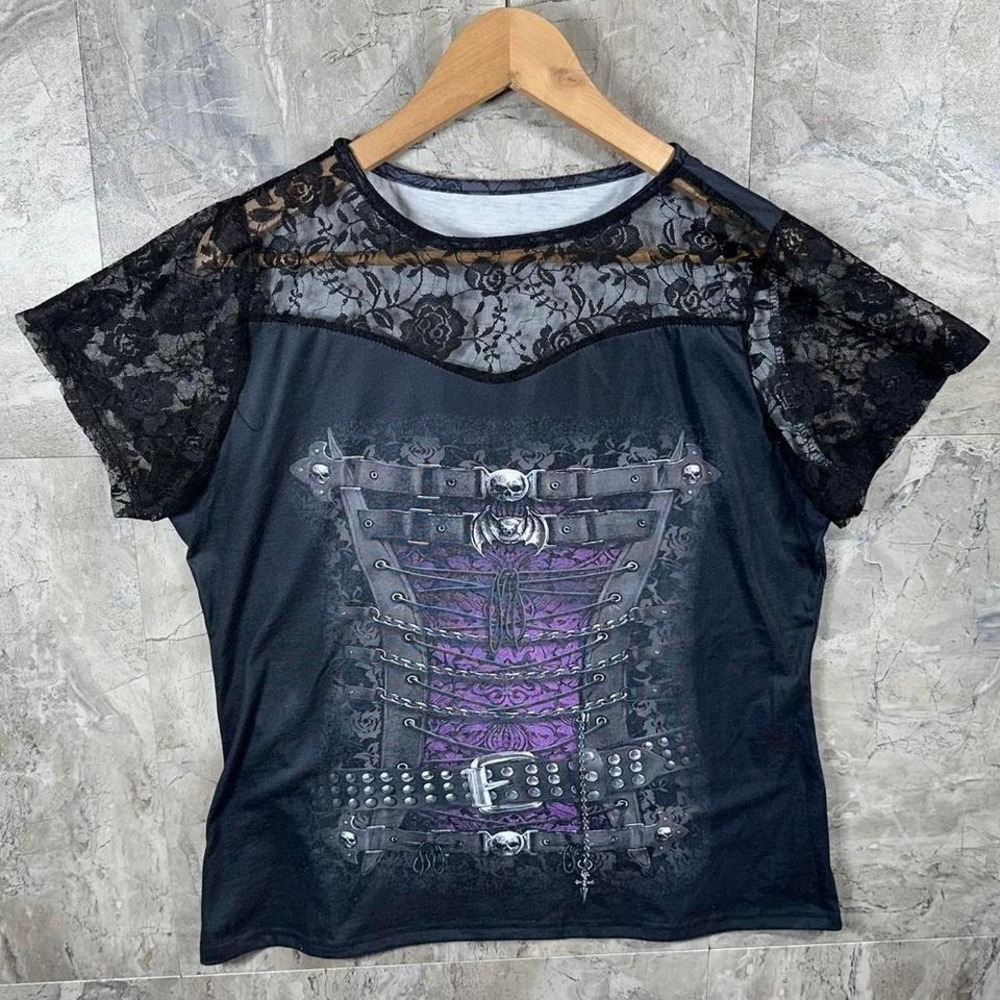 Black & purple lace gothic top with skull design Woman's Size XL goth emo grunge